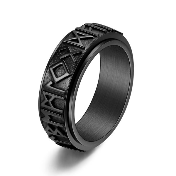 Stainless Steel Viking Spinner Rune Ring - Black